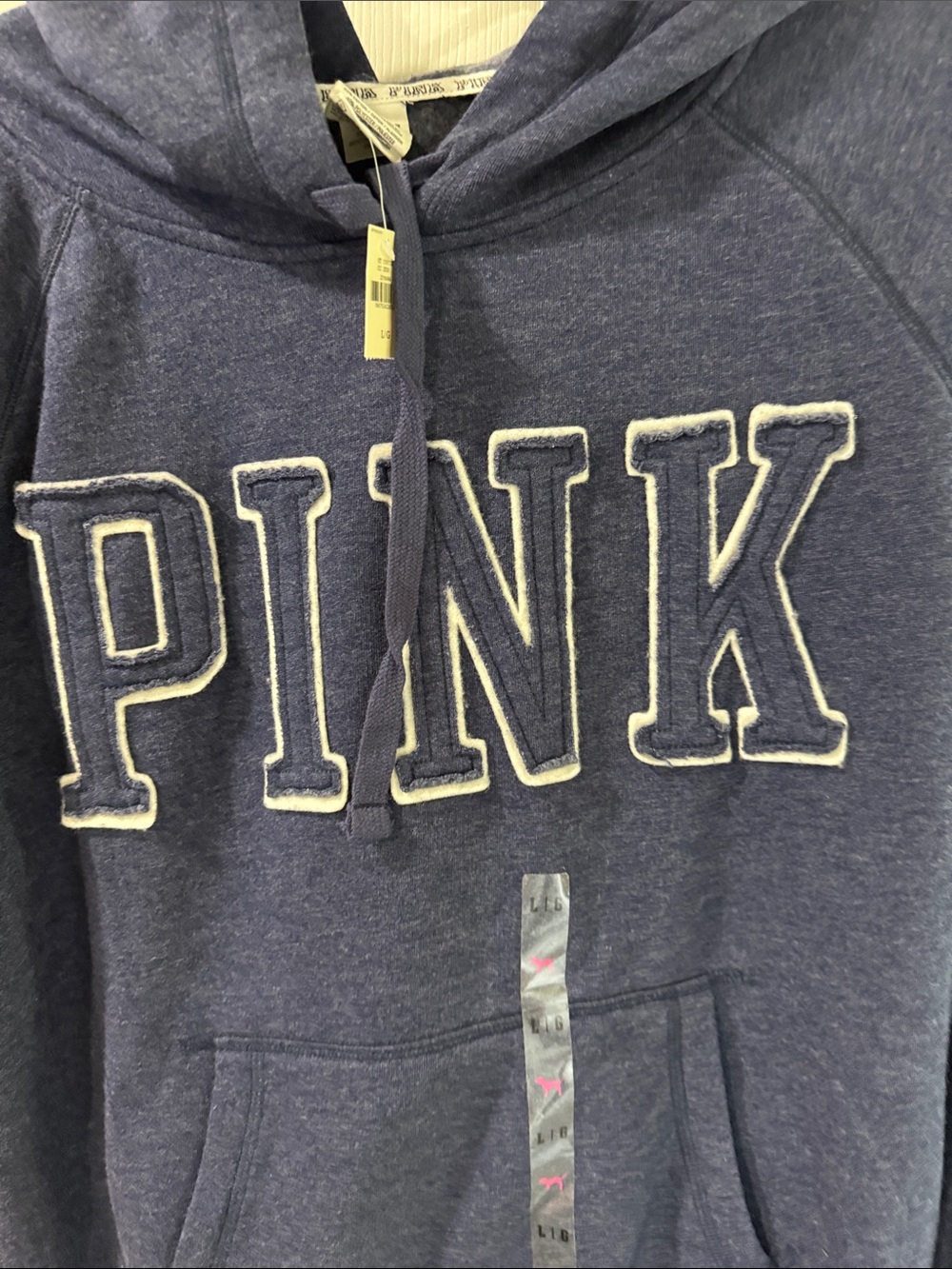 PINK Victoria's Secret Heather Navy Pullover Hoodie with White Trim Logo and - Picture 2 of 8